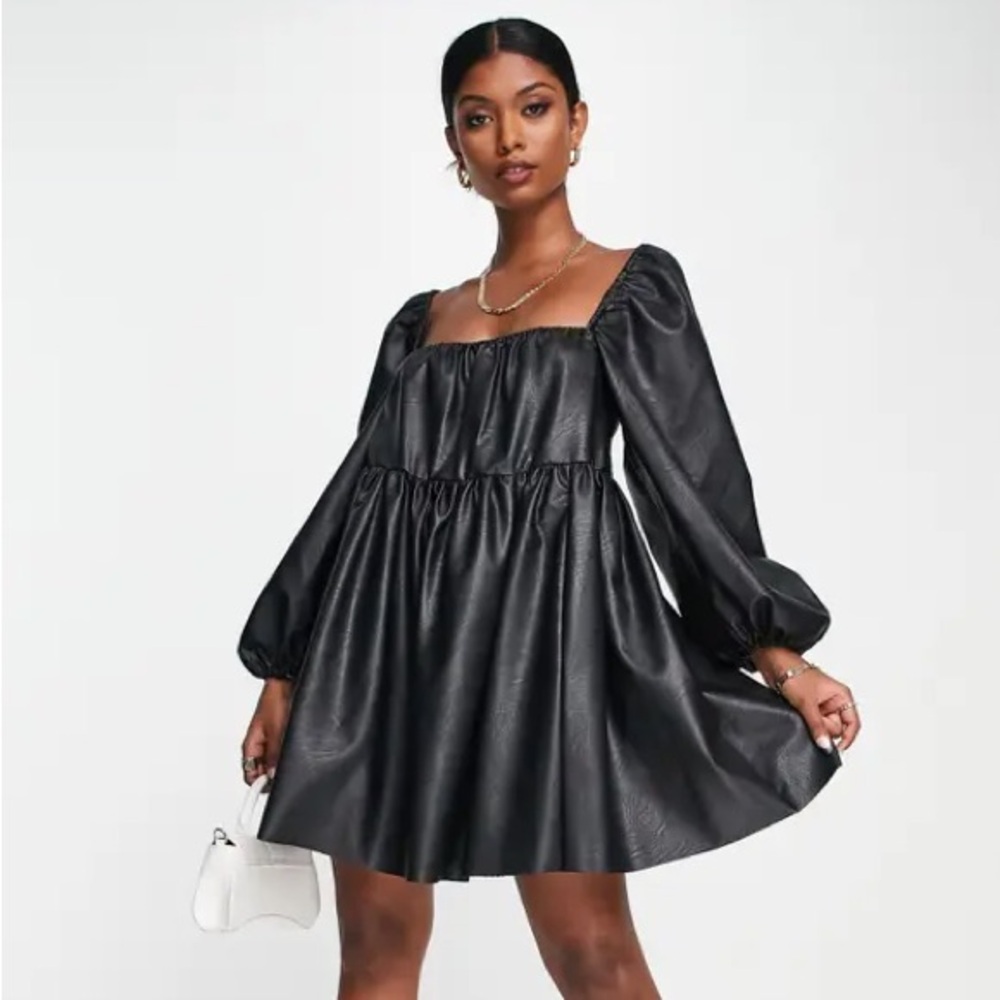 ASOS DESIGN Black Faux Leather Puff Sleeve Dress